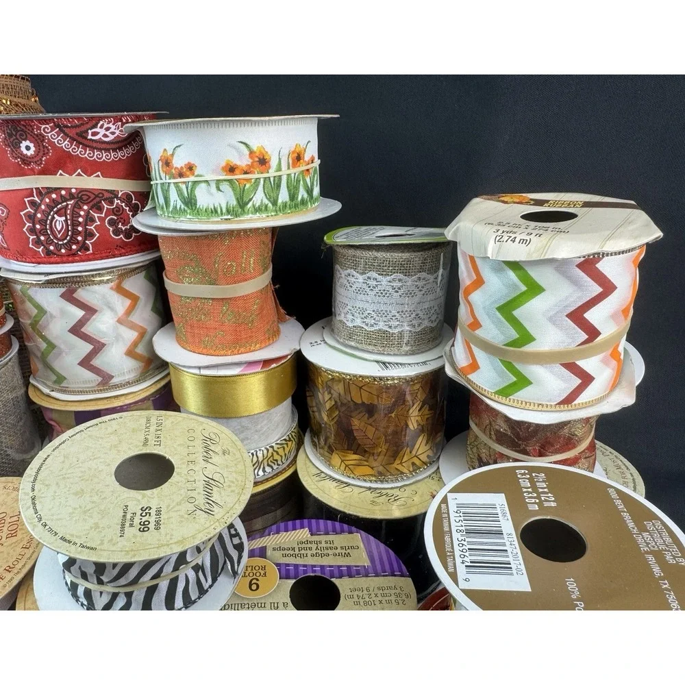 Lot Of 30+ Fall/Halloween Craft Wired Ribbon New & Used